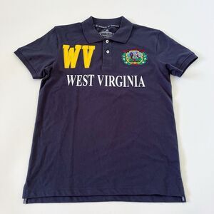 West Virginia State WV Navy Blue Short Sleeve Polo Golf Shirt Robin Ruth XS Mens